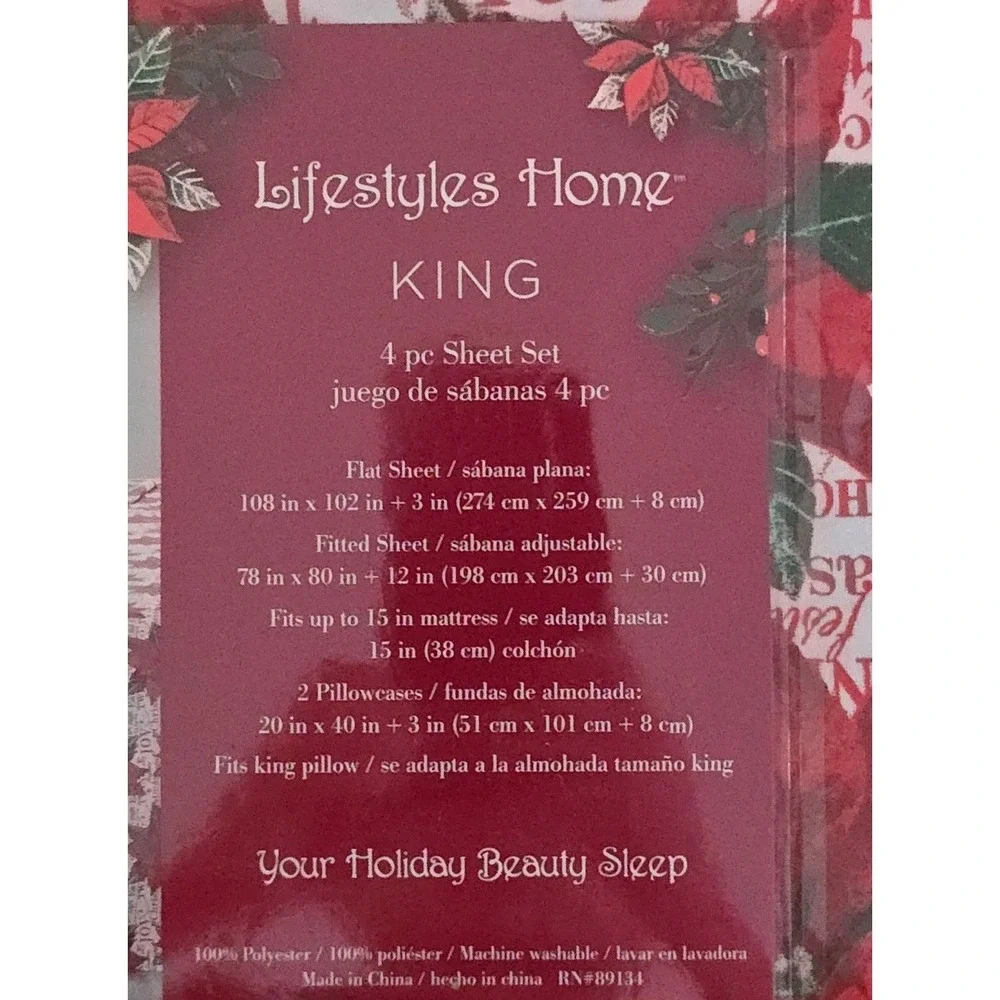 Lifestyles Home King Sheet Set Red White Floral‎ Christmas Holidays 4pc NEW